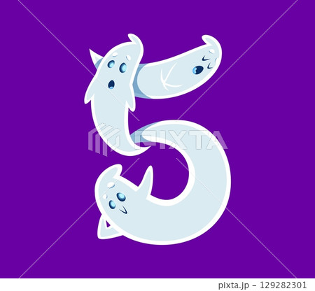 Halloween font 5 digit ghost cartoon cute character. Halloween monster mascot font typeset figure or ghost funny personage number or latin alphabet vector five digit, English ABC numeral symbol 129282301