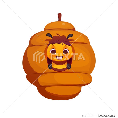 Cartoon honey bee character peeking out of a round wild honeycomb hive, smiling joyfully. Vector cheerful honeybee personage. Funny insect with expressive face conveys happiness and summertime vibes Cartoon honey bee character peeking out of a round wild honeycomb hive, smiling joyfully. Vector cheerful honeybee personage. Funny insect with expressive face conveys happiness and summertime vibes 129282303