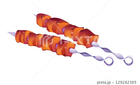 Cartoon grilled meat skewers with juicy roasted pieces on twisted metal sticks. Tasty barbecue dish, kebabs on white background. Vector cooking process, cook food for bbq and outdoor picnic party 129282305