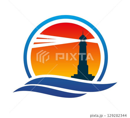 Lighthouse and beacon icon. Vector round emblem with sunset orange sky, beacon silhouette and radiant light beams, encased in a circular background with blue waves below for a coastal, marine identity Lighthouse and beacon icon. Vector round emblem with sunset orange sky, beacon silhouette and radiant light beams, encased in a circular background with blue waves below for a coastal, marine identity 129282344