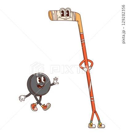 Ice hockey sport game groovy funny character. Ice hockey stick and puck cheerful groovy isolated vector characters, team sport tournament or championship funny 60s 70s hippie personages or mascots Ice hockey sport game groovy funny character. Ice hockey stick and puck cheerful groovy isolated vector characters, team sport tournament or championship funny 60s 70s hippie personages or mascots 129282356