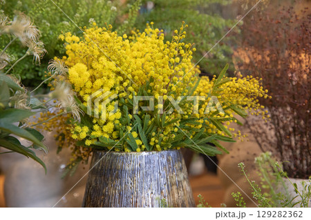 Vase of fresh cut Acacia Dealbata, also known as silver wattle or mimosa in spring. Horizontal. Selective focus. Close-up. Vase of fresh cut Acacia Dealbata, also known as silver wattle or mimosa in spring. Horizontal. Selective focus. Close-up. 129282362