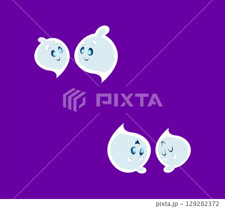Halloween font quotation mark ghost cartoon character. Halloween spirit character alphabet special symbol, cheerful ghost personage English ABC vector punctuation sign or mark. Font typeset element 129282372