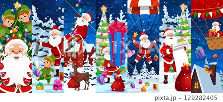 Christmas funny Santa Claus characters collage embodying Xmas holiday spirit. Cartoon vector scenes with father Noel delivering gifts on hot air balloon, parachuting, decorating pine tree with elves 129282405