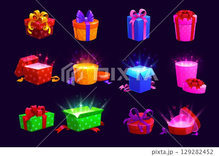 Christmas cartoon magic open gift boxes for game prize or surprise present, vector icons. Giftboxes open with red and golden ribbons with magic shine and sparkles for game prize or gift bonus award 129282452