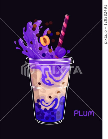 Cartoon milk plum bubble tea glass with bright splashes and fruits Vector purple drink with tapioca boba pearls in a transparent plastic cup, topped with a straw and splashes of sweet liquid beverage 129282491