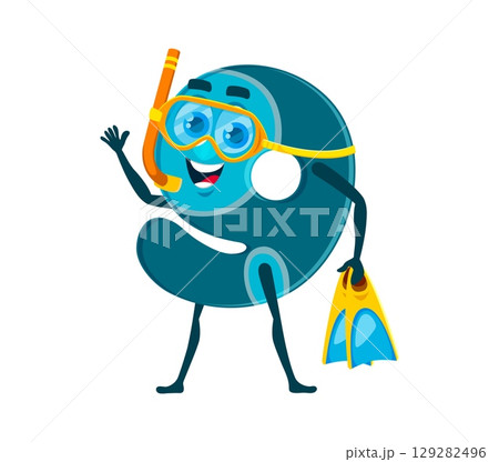 Cartoon math 9 nine number and digit character diving on summer vacation. Mathematics and algebra number vector funny mascot on vacation travel. Mathematics symbol personage in scuba diving mask 129282496