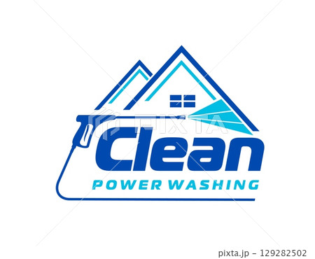 House washing and cleaning service icon or symbol. House exterior cleaning, concrete washing professional service blue vector emblem or company sign with water jet power washer and house roofs House washing and cleaning service icon or symbol. House exterior cleaning, concrete washing professional service blue vector emblem or company sign with water jet power washer and house roofs 129282502