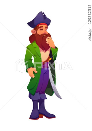 Cartoon pirate corsair character stroking beard thoughtfully. Vector sea privateer personage with calm facial expression, long red beard, sword at waist, wearing green coat, boots and tricorn hat 129282512