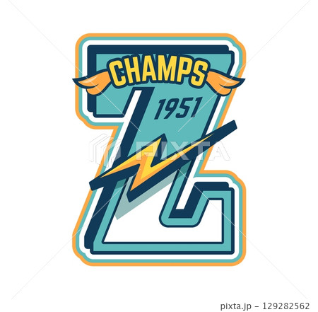Varsity sport patch with letter z, retro college champs emblem with lightning bolt and year 1951. Vector in vintage style label, athletic badge or t shirt print with sporty, energetic team spirit vibe Varsity sport patch with letter z, retro college champs emblem with lightning bolt and year 1951. Vector in vintage style label, athletic badge or t shirt print with sporty, energetic team spirit vibe 129282562