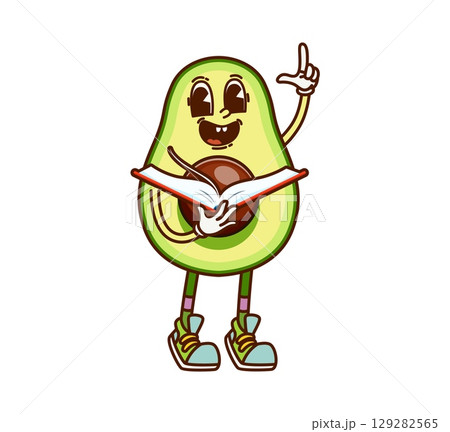 Reading book avocado fruit groovy cute character. Ripe avocado happy funky vintage vector character, natural food cartoon personage. Organic farm green fruit funny mascot standing with opened book Reading book avocado fruit groovy cute character. Ripe avocado happy funky vintage vector character, natural food cartoon personage. Organic farm green fruit funny mascot standing with opened book 129282565