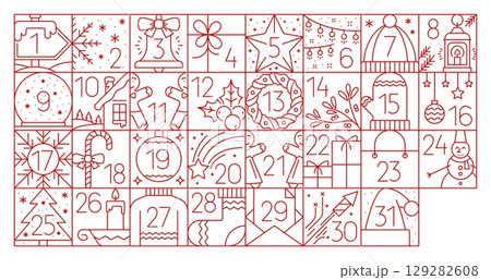 Holiday advent calendar with 31 minimalist red line art blocks contain festive bells, stars, gifts, fireworks and snowflakes. Vector seasonal countdown for celebrating the Christmas and new year eve Holiday advent calendar with 31 minimalist red line art blocks contain festive bells, stars, gifts, fireworks and snowflakes. Vector seasonal countdown for celebrating the Christmas and new year eve 129282608