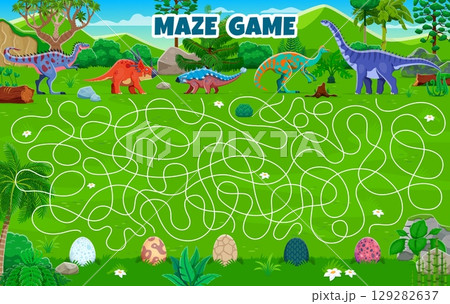 Kids labyrinth maze game, help to dino mothers find their eggs. Find way child quiz game vector worksheet, search path riddle or labyrinth maze with cartoon dinosaurs moms funny characters and eggs 129282637