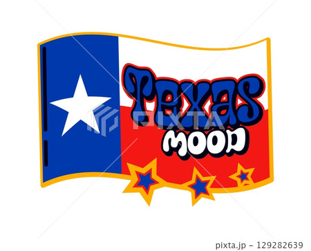 USA Texas mood retro Y2K sticker or symbol. United States of America Y2K vector label, USA travel vintage patch. American nation patriotic tag with Texas state flag, stars and funky typography 129282639