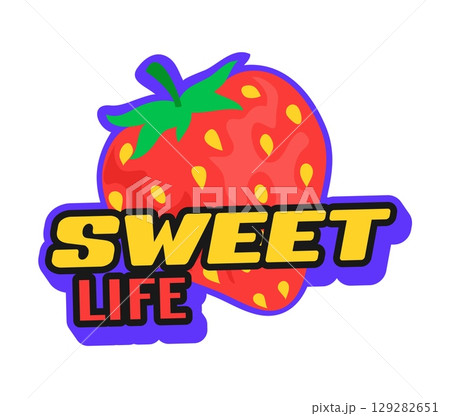 Fast food sweet life vintage Y2K sticker or label. Fast food cafe retro Y2K vector label, takeaway menu juice groovy sticker. Street food restaurant patch with ripe strawberry and colorful typography 129282651