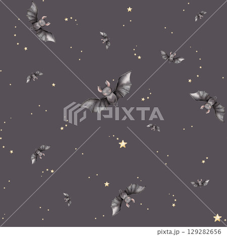 Seamless pattern for Halloween with cute black bat and stars. Hand drawn watercolor illustration. Friendly and charming bat with big eyes, perfect for kids' decorations, children's designs. Seamless pattern for Halloween with cute black bat and stars. Hand drawn watercolor illustration. Friendly and charming bat with big eyes, perfect for kids' decorations, children's designs. 129282656