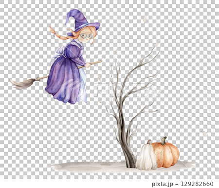 Watercolor illustration Tree without leaves and cute witch in a purple dress and hat, with red hair on a broomstick isolated on white background. Halloween card with autumn leaves and pumpkins. Watercolor illustration Tree without leaves and cute witch in a purple dress and hat, with red hair on a broomstick isolated on white background. Halloween card with autumn leaves and pumpkins. 129282660