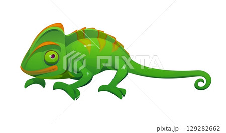 Cartoon Mexican chameleon character, isolated vector lizard with green skin and stripes, long curvy tail and telescopic eyes. Wild animal, pet reptile, exotic tropical creature, wildlife predator Cartoon Mexican chameleon character, isolated vector lizard with green skin and stripes, long curvy tail and telescopic eyes. Wild animal, pet reptile, exotic tropical creature, wildlife predator 129282662