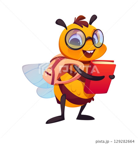 Cartoon cute honey bee student character with backpack and book in hand. Isolated vector funny insect pupil personage wearing glasses with cheerful expression, exudes curiosity, knowledge and learning Cartoon cute honey bee student character with backpack and book in hand. Isolated vector funny insect pupil personage wearing glasses with cheerful expression, exudes curiosity, knowledge and learning 129282664