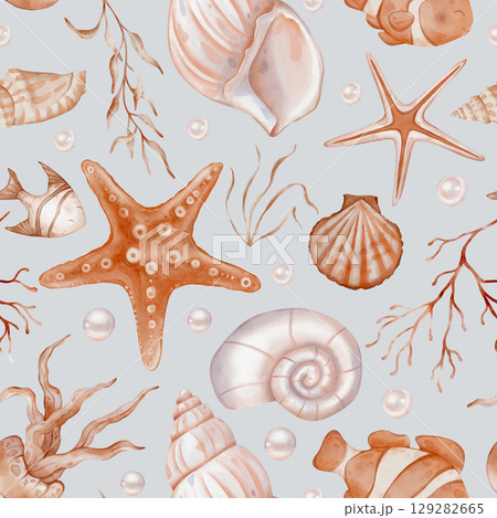 Orange beige sea seamless pattern with Seashell and Pearls and fishes on isolated background. Hand drawn vintage watercolor ornament with Seaweed and stars for print in nautical style. Orange beige sea seamless pattern with Seashell and Pearls and fishes on isolated background. Hand drawn vintage watercolor ornament with Seaweed and stars for print in nautical style. 129282665