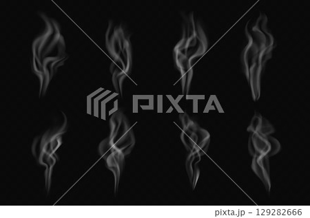 Hot coffee or tea steam. Vector realistic smoke set rising from hot coffee or tea. Transparent white swirls and curls of vapor, heat wave shapes with soft blurred effect isolated on dark background Hot coffee or tea steam. Vector realistic smoke set rising from hot coffee or tea. Transparent white swirls and curls of vapor, heat wave shapes with soft blurred effect isolated on dark background 129282666