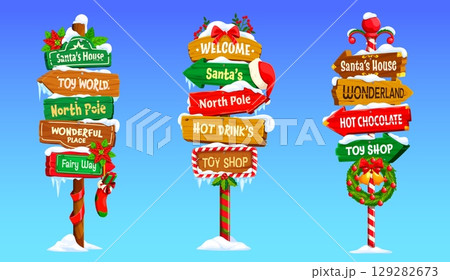 Christmas and Xmas wooden sign board and north pole signage for winter holiday, cartoon vector. Christmas signboard or signpost boards with Welcome to Santa house and gifts shop with Xmas decorations 129282673