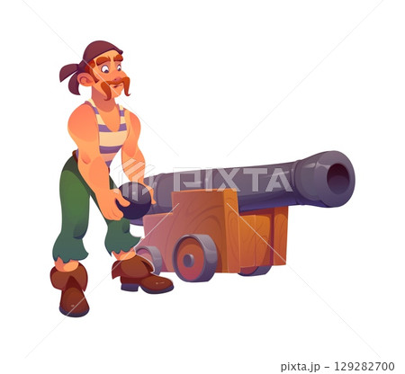 Pirate gunner ship crew character, cartoon cheerful corsair loading cannonball into large cannon on a wooden carriage. Isolated vector muscular man with mustache, swashbuckling sailor ready for battle 129282700