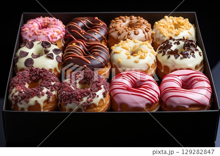 Assorted Flavored Donuts Filling a Box 129282847