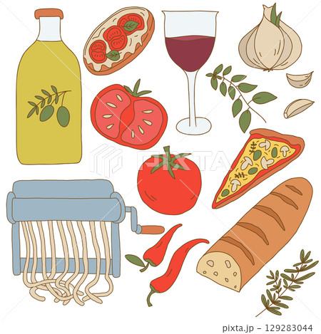 Hand Drawn Italian Cuisine Ingredients and Dishes Illustration Set Hand Drawn Italian Cuisine Ingredients and Dishes Illustration Set 129283044