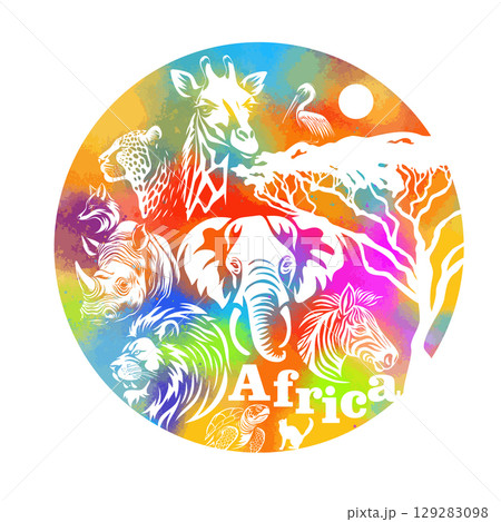 Africa colored abstract with animals. hand drawing. Not AI, Vector illustration 129283098