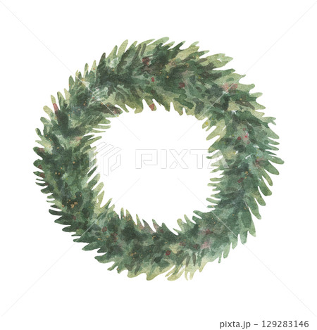 Green fir wreath with gold splashes. Hand-painted watercolor illustration of winter decor isolated on white background. Perfect for holiday cards, invitations, branding, packaging, holiday design 129283146