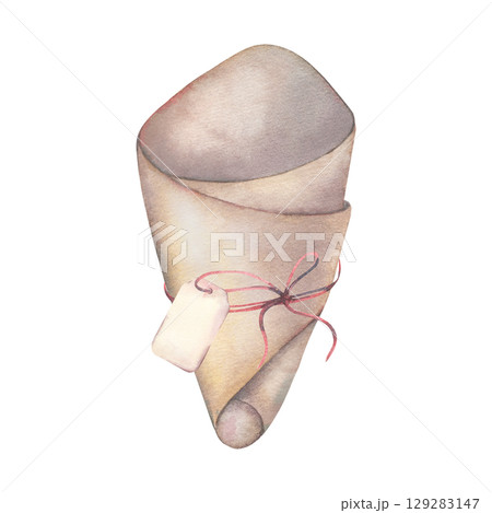 Empty craft paper wrap tied with string. Hand-painted watercolor illustration of paper cone for bouquet, food isolated on white for eco packaging design, branding, organic product labels, rustic decor 129283147
