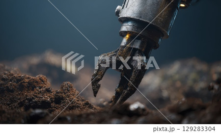 Robotic claw excavating soil: futuristic technology in action 129283304