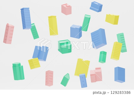 カラフルなブロックで作ったビルが浮いているイメージ(よこ全面) カラフルなブロックで作ったビルが浮いているイメージ(よこ全面) 129283386