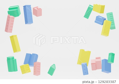 カラフルなブロックで作ったビルが浮いているイメージ(よこ) 129283387