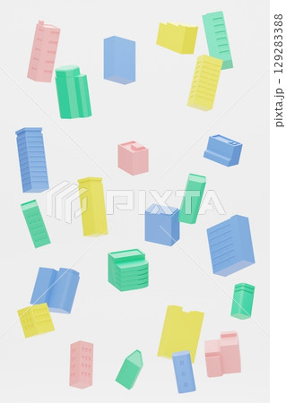 カラフルなブロックで作ったビルが浮いているイメージ(たて全面)  129283388