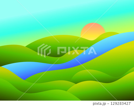 Gradient green meadows and a river at dawn in a minimalist style. Panoramic natural landscape with green hills, a river and the rising sun. Design for covers, banners and posters. Vector illustration Gradient green meadows and a river at dawn in a minimalist style. Panoramic natural landscape with green hills, a river and the rising sun. Design for covers, banners and posters. Vector illustration 129283427