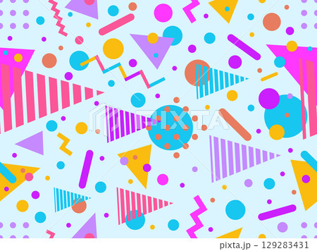 Geometric seamless pattern with memphis elements in 80s style. Colorful pattern with different geometric shapes. Design for packaging, covers, wrapping and promotional products. Vector illustration 129283431