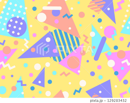 Geometric seamless pattern with memphis elements in 80s style. Colorful pattern with different geometric shapes. Design for packaging, covers, wrapping and promotional products. Vector illustration 129283432