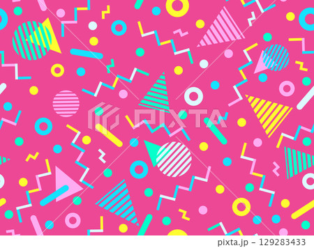 Geometric seamless pattern with memphis elements in 80s style. Colorful pattern with different geometric shapes. Design for packaging, covers, wrapping and promotional products. Vector illustration 129283433