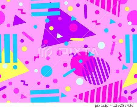 Geometric seamless pattern with memphis elements in 80s style. Colorful pattern with different geometric shapes. Design for packaging, covers, wrapping and promotional products. Vector illustration Geometric seamless pattern with memphis elements in 80s style. Colorful pattern with different geometric shapes. Design for packaging, covers, wrapping and promotional products. Vector illustration 129283436