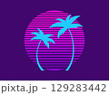 Tropical palm trees at sunset in a futuristic 80s style. Summer time, silhouettes of palm trees in synthwave and retrowave style. Design of advertising booklets and banners. Vector illustration 129283442