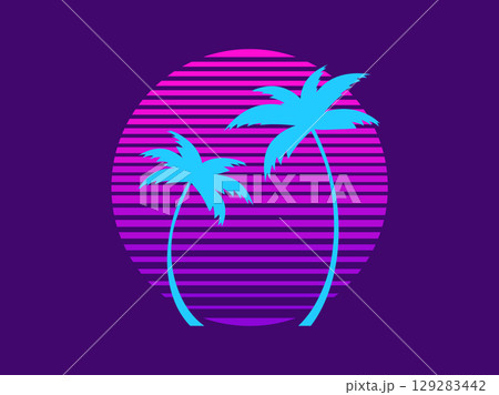 Tropical palm trees at sunset in a futuristic 80s style. Summer time, silhouettes of palm trees in synthwave and retrowave style. Design of advertising booklets and banners. Vector illustration 129283442