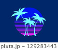 Tropical palm trees at sunset in a futuristic 80s style. Summer time, silhouettes of palm trees in synthwave and retrowave style. Design of advertising booklets and banners. Vector illustration 129283443