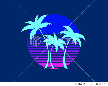 Tropical palm trees at sunset in a futuristic 80s style. Summer time, silhouettes of palm trees in synthwave and retrowave style. Design of advertising booklets and banners. Vector illustration Tropical palm trees at sunset in a futuristic 80s style. Summer time, silhouettes of palm trees in synthwave and retrowave style. Design of advertising booklets and banners. Vector illustration 129283443