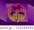 Retro sci-fi 80s palm trees at retro sunset. Futuristic sun with palm trees. A virtual reality. Synthwave and retrowave style. Background for printing, advertising material and banners. Vector 129283444