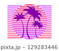 Retro sci-fi 80s palm trees at retro sunset. Futuristic sun with palm trees. A virtual reality. Synthwave and retrowave style. Background for printing, advertising material and banners. Vector 129283446