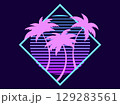 Silhouettes of palm trees at sunset in the style of the 80s in a square frame. Retro futuristic sun with palm trees in Synthwave and Retrowave style. Design of banner and poster. Vector illustration 129283561
