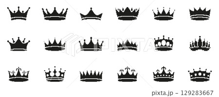 Crown Silhouette Pixel Art Icon Set. Royalty, Leadership, And Nobility Symbol Collection. Elegant And Regal Design Elements. Isolated Vector Illustration 129283667