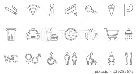 Public Facility And Service Icons Collection. Essential Amenities And Services Outline Symbol Set. Smoking Area, Wi-Fi, Information and Parking Icon. Editable Stroke. Isolated Vector Illustration 129283673